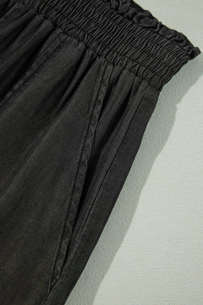 Trendy High Waist Wide Leg Jeans for Women in Classic Black with Frills and Pockets - Stylish and Comfortable Fit