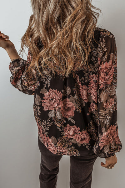 Trendy Women's Black Floral Criss-Cross V-Neck Balloon Sleeve Blouse - Stylish Casual Top for Everyday Wear