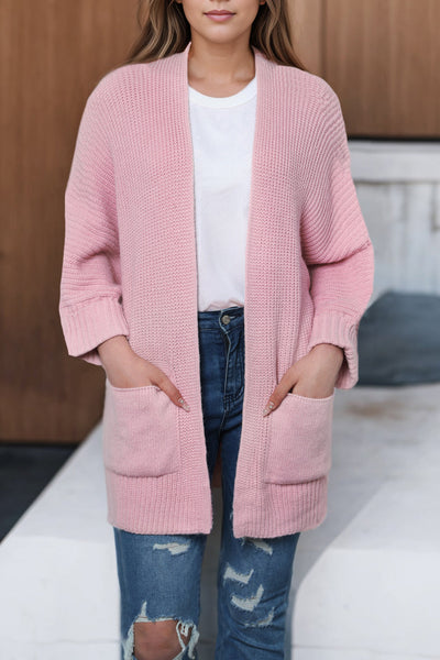 Soft Pink Oversized Women's Cardigan with Fold-Over Sleeves and Open Front  Ideal for Cozy Layering and Casual Style