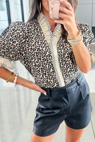 Women's Black Leopard Print Ruffled V-Neck Blouse with Color Block Trim - Stylish Short Sleeve Top for Casual Wear