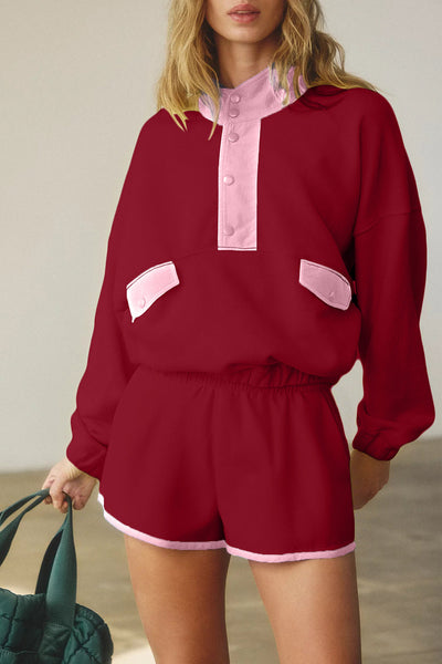 Cozy Women's Half Button Sweatshirt & Shorts Set in Soft Fabric - Casual Lounge Outfit for Relaxing & Outings