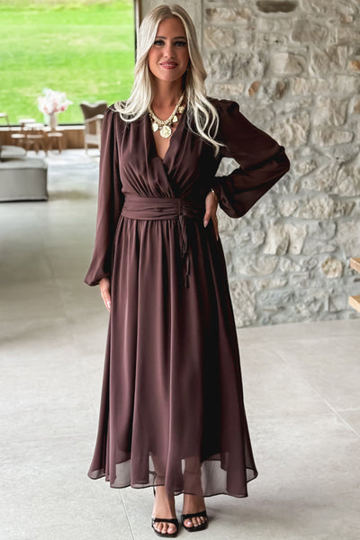 Chic Dark Brown Long Sleeve V-Neck Pleated High Waist Maxi Dress for Women Ideal for Formal and Casual Events