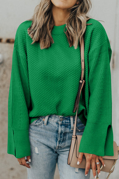 Women's Kelly Green Waffle Knit Split Cuff Sweater