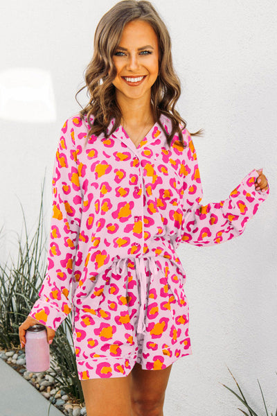Cozy Women's Pink Leopard Print Pajama Set with Long Sleeve Shirt & Shorts - Stylish Sleepwear for Ultimate Comfort