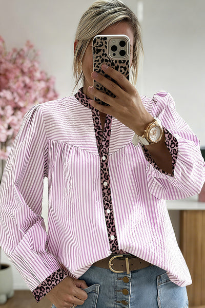 Women's Pink Striped and Leopard Patchwork V-Neck Blouse with practical styling and dependable silhouette control.