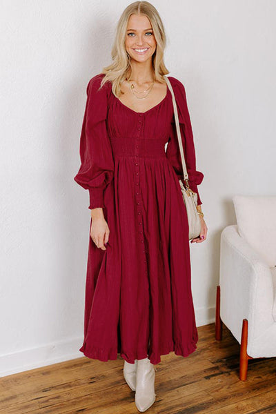 Effortless Women's Racing Red Flared Dress with Smocked High Waist, Button-Down Front, and Long Sleeves for Chic Style