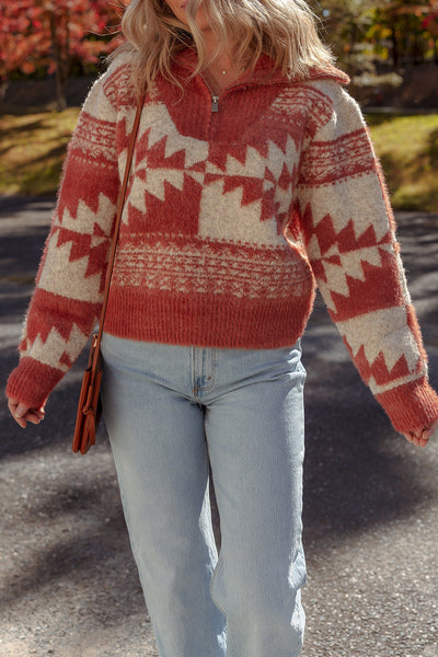 Cozy Mineral Red Women's Fuzzy Western Sweater with Geometric Design and Zipped Collar for Effortless Style