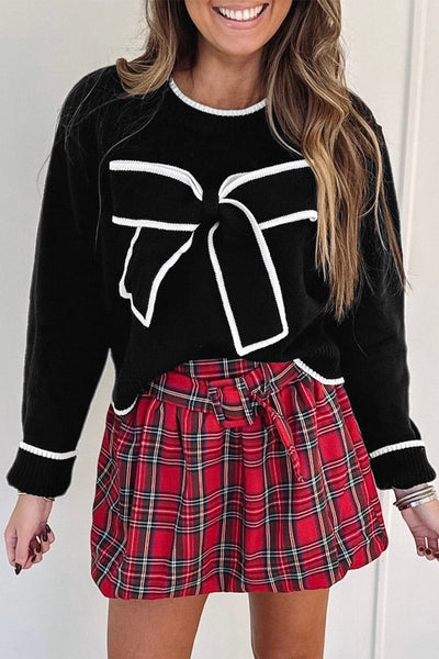 Women's Black Cropped Sweater with Bow Detail and Contrast Trim for Chic Holiday Style and Cozy Comfort
