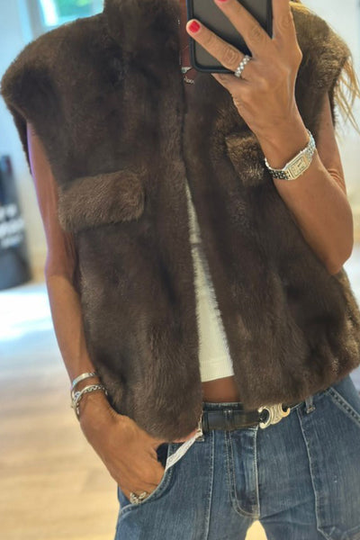 women's cozy faux fur zip-up winter vest in chicory coffee - stylish stand collar design for cold weather comfort with practical styling and