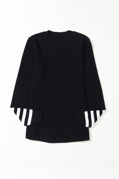 Chic Women's Black Knit Sweater with Striped Sleeves - Cozy Fashion for Fall and Winter, Perfect for Casual Outings