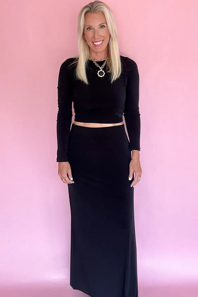 Trendy Women's Black Cropped Bodycon Top and High-Waisted Maxi Skirt Set Stylish, Versatile Look for Any Occasion