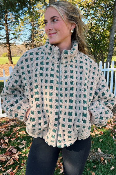 Cozy Women's Green Plaid Zip-Up Winter Coat - Soft Plush Fabric for Stylish Warmth in Cold Weather