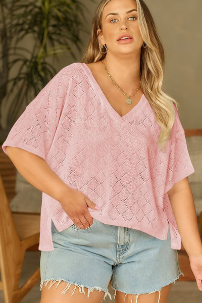 Women's Light Pink Pointelle Plus Size V-Neck Top