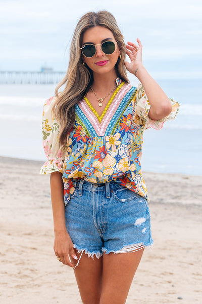 Women's Boho Floral Crochet Blouse in Multicolor with V-Neck and Half Sleeves for Effortless Chic Style