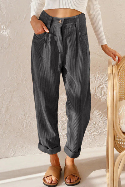 Chic High-Waisted Gray Corduroy Straight Leg Trousers for Women Stylish Comfort for Every Occasion