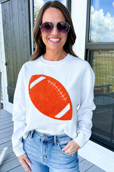 Women's Cozy Orange Chenille Crew Neck Sweater with Embroidery - Stylish Pullover for Game Day Comfort