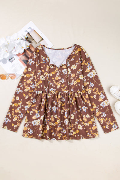 Women's Plus Size Floral Babydoll Blouse with V-Neck Tie