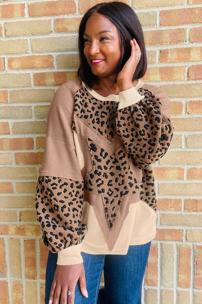 Women's Leopard Star Waffle-Knit Color-Block Sweatshirt