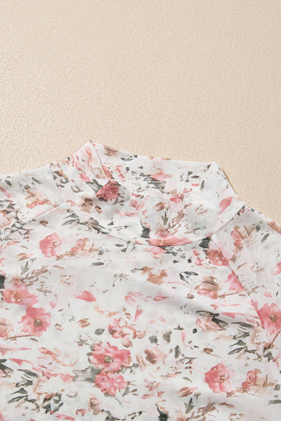 Elegant Women's Pink Floral Long Sleeve Mesh Top - High Neck Design for Versatile Spring Style and Comfort