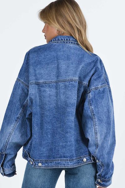 Women's Relaxed Fit Blue Denim Jacket with Chest Pockets and Drop Shoulder for Effortless Casual Style