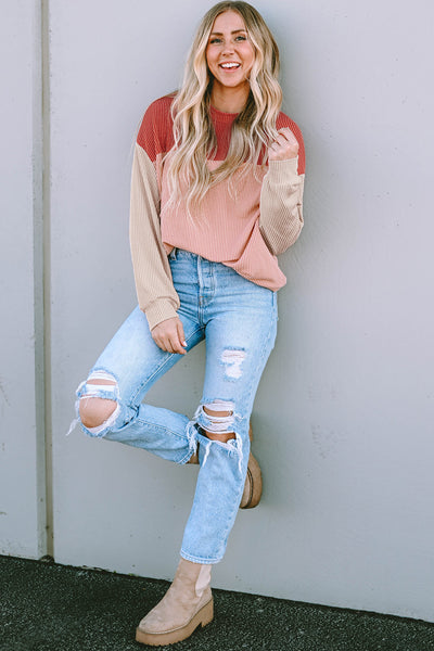 Women's Casual Fiery Red Color Block Long Sleeve Ribbed Top - Comfortable Loose Fit for Effortless Everyday Style
