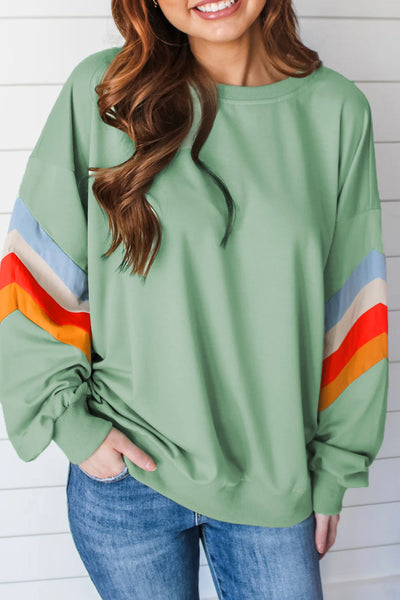 Cozy Women's Moonlight Jade Loose Fit Crew Neck Sweatshirt with Rainbow Stripes - Perfect for Everyday Casual Style