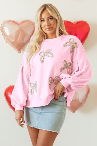 Cozy Light Pink Oversized Pullover Sweatshirt for Women with Embroidered Bow and Trendy Lantern Sleeves