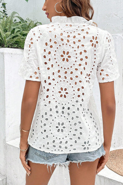 women's white geometric embroidery hollow out blouse - stylish summer top with trendy cut-out design made for easy styling and wardrobe coordination,