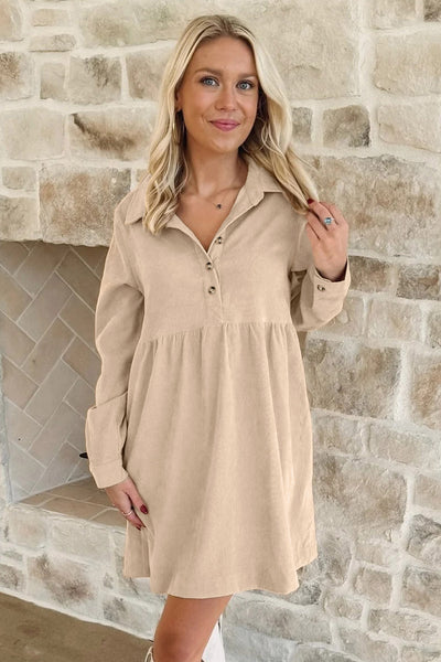 Stylish Women's Warm Tan Corduroy Mini Dress - Comfortable Fit for Casual Outings and Fall Gatherings