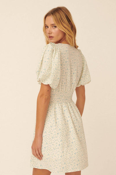 Floral V Neck Tie Puff Sleeve Smock Mini Dress