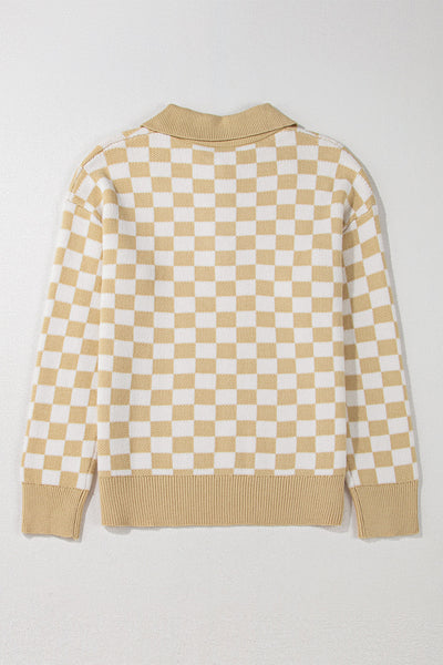 Cozy Women's Apricot Checkered V-Neck Sweater with Button Details & Drop Shoulder for Effortless Style