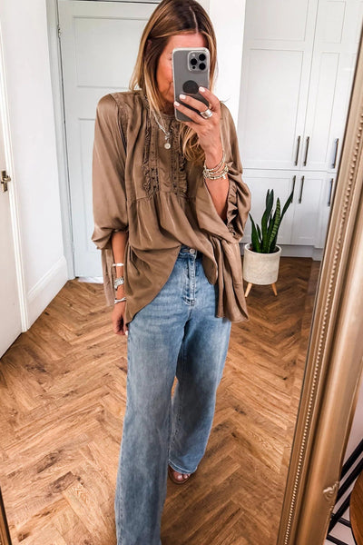 Elegant Women's Dark Khaki Silky Lace Frill Blouse - Long Sleeve Round Neck Top for Chic and Stylish Looks