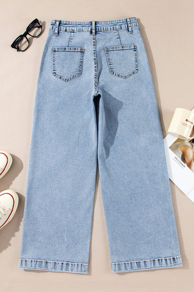 Women's High-Waisted Light Wash Wide-Leg Jeans with Patch Pockets