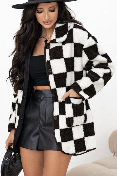 Cozy Women's Black Checkered Fleece Jacket with Side Pockets and Collared Button-Up Design for Effortless Style