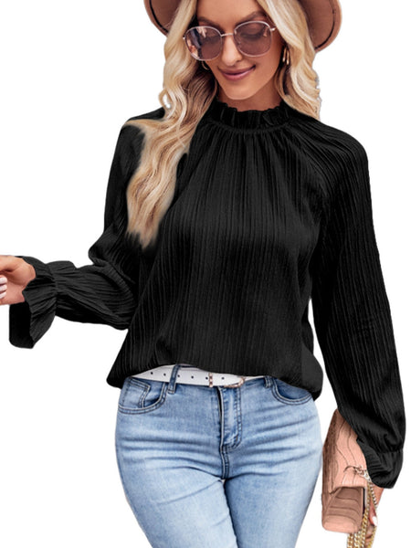 Elegant Black Ripple Sleeve Blouse with Frilled Stand Neck