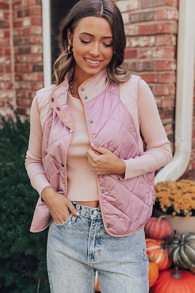 Women's Light Pink High Neck Quilted Vest with Snap Buttons - Trendy Layering Essential for Fall Fashion