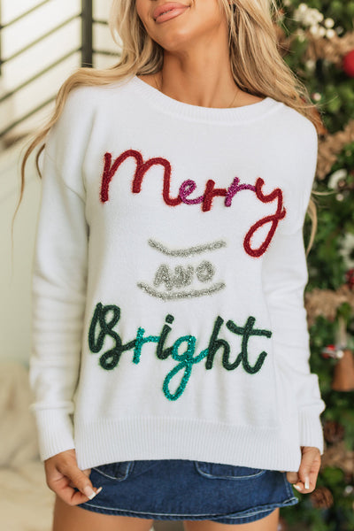 Cozy Women's White Merry and Bright Christmas Sweater with Tinsel - Festive Holiday Style for Winter Cheer