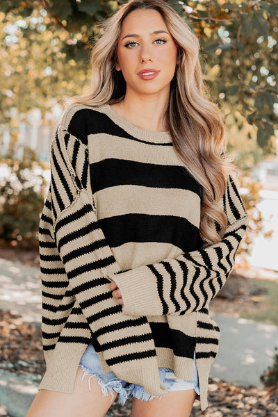 Cozy Women's Black Striped Baggy Sweater with Drop Shoulder Sleeves and Trendy Patchwork Design for Casual Chic Look