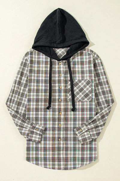 Trendy Women's Black Checkered Hooded Shacket - Loose Fit Button-Up Layer for Casual Chic Style