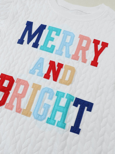 Cozy White Cable Knit Pullover with Merry and Bright Slogan