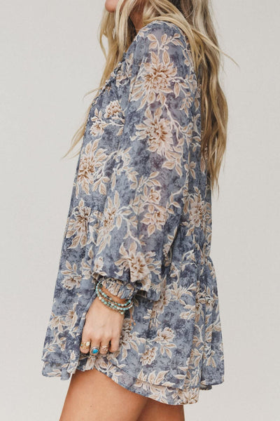 Women's Dusty Blue Floral Ruffle Romper with Long Bishop Sleeves