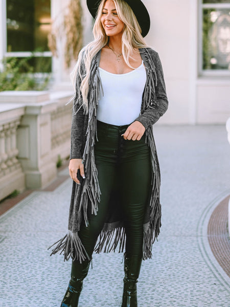 Women's Chic Black Fringed Hem Cardigan with Pockets