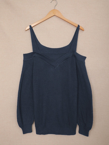 Elegant Navy Cold Shoulder Knit Sweater