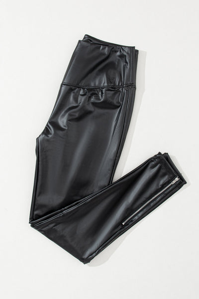 Stylish Women's Black Faux Leather Leggings with Zipper Accents - Ideal for Casual Outings or Nighttime Elegance