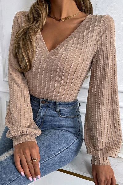 Chic Women's Khaki Knitted Jacquard V-Neck Top with Lantern Sleeves - Stylish & Comfortable for Everyday Wear