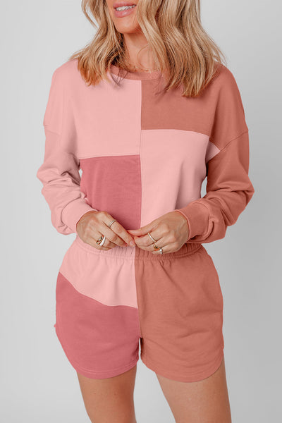 Women's Peach Colorblock Long Sleeve Shorts Set - Trendy Casual Summer Outfit for Comfort and Adventure