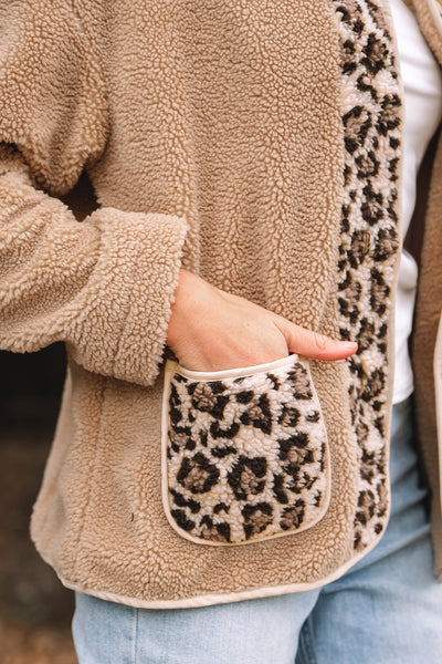 Women's Leopard Accent Camel Sherpa Jacket with Patch Pockets
