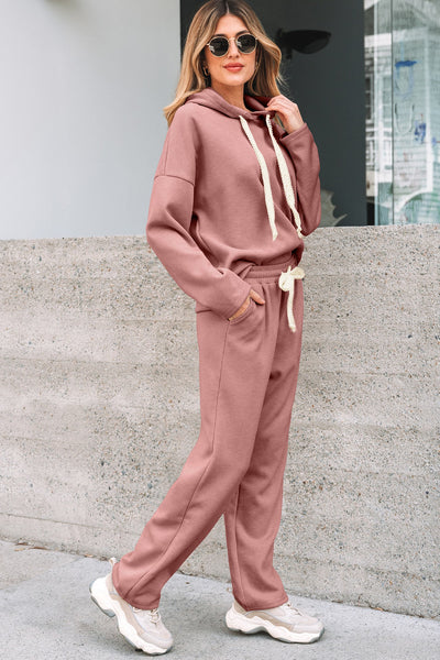 Women's Rose Tan Ribbed Knit Hoodie and Tapered Pants Set
