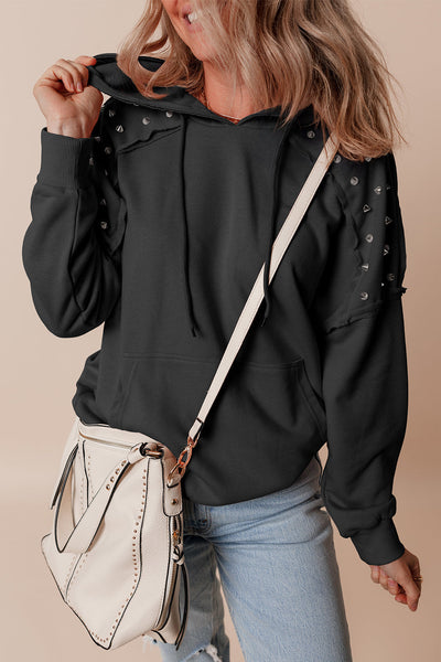 Chic Women's Black Raglan Hoodie with Pocket - Trendy Rivet-Studded Comfortable Casual Wear for Everyday Style