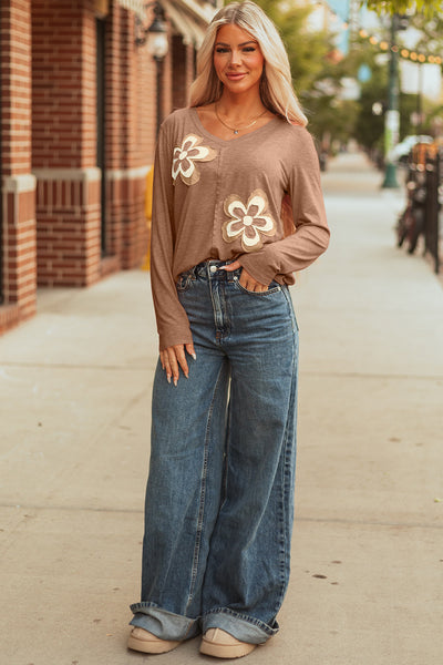 Women's Relaxed V-Neck Top with Raw-Edge Floral Appliques